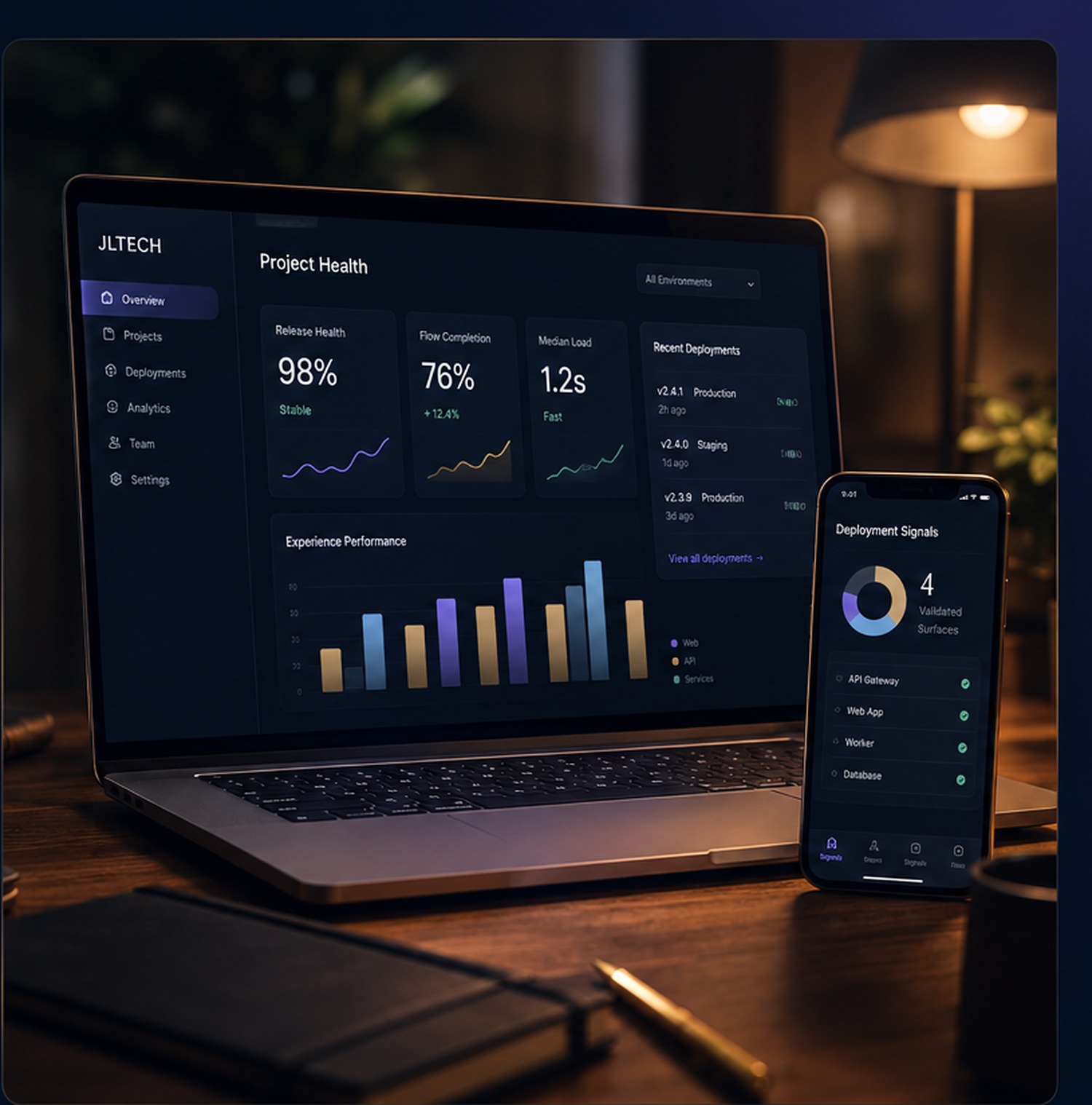 Warmly lit product dashboard on a laptop